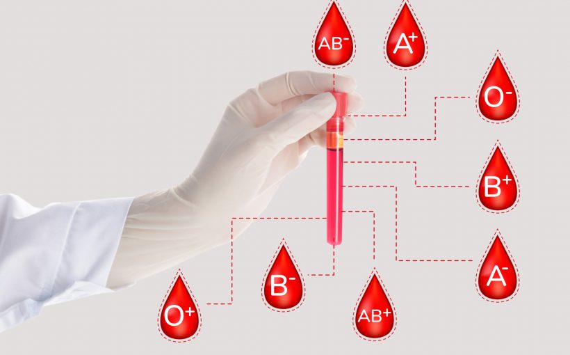 Pielęgniarka w sterylnym stroju trzyma w dłoni probówkę wypełnioną krwią, dookoła której znajdują się grafiki czerwionych kropli z symbolami grup krwi. /Źródło: 123rf.com