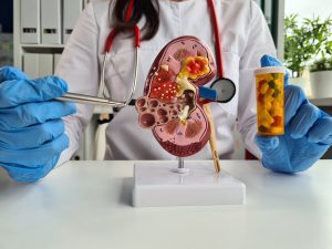 Lekarz nefrolog ubrany w biały sterylny fartuch wskazuje na model anatomiczny nerki. /Źródło: 123rf.com