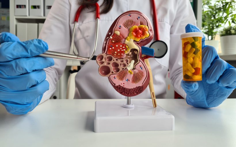 Lekarz nefrolog ubrany w biały sterylny fartuch wskazuje na model anatomiczny nerki. /Źródło: 123rf.com