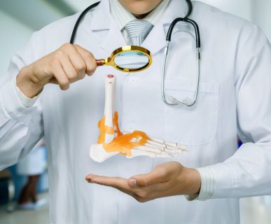 Lekarz ortopeda prezentuje model anatomiczny stopy. /Źródło: 123rf.com