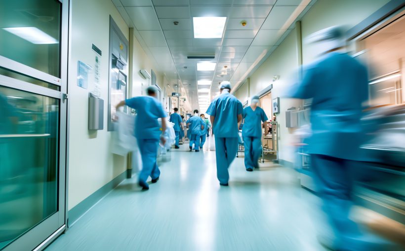 Lekarze ubrani w medyczne stroje biegną szpitalnym korytarzem aby ratować życia swoich pacjentów. /Źródło: 123rf.com