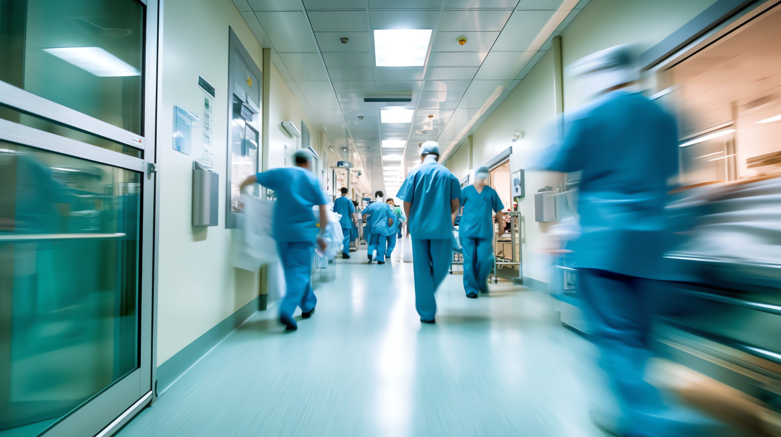 Lekarze ubrani w medyczne stroje biegną szpitalnym korytarzem aby ratować życia swoich pacjentów. /Źródło: 123rf.com