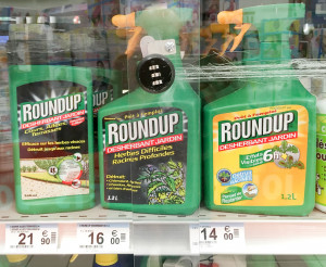 PARIS, FRANCE - NOVEMBER 11, 2017: Shelves with a variety of Herbicides in a french Hypermarket. Roundup is a brand-name of an herbicide containing glyphosate, made by Monsanto Company.