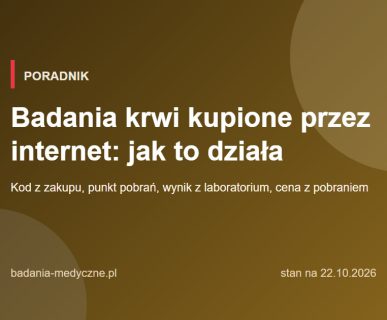 Grafika poradnika: badania krwi kupione przez internet – kod z zakupu, punkt pobrań, wynik z laboratorium