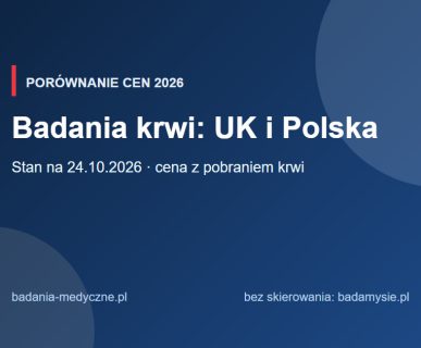 Probówki do badań krwi obok zestawienia cen w Wielkiej Brytanii i Polsce.