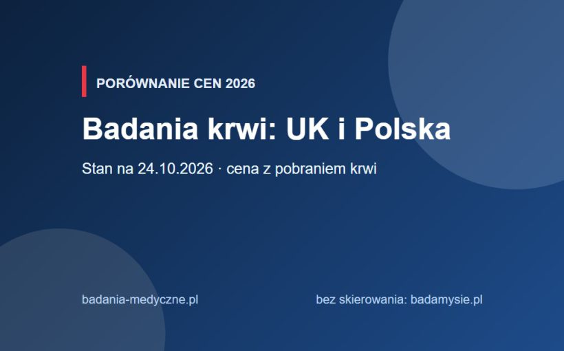 Probówki do badań krwi obok zestawienia cen w Wielkiej Brytanii i Polsce.